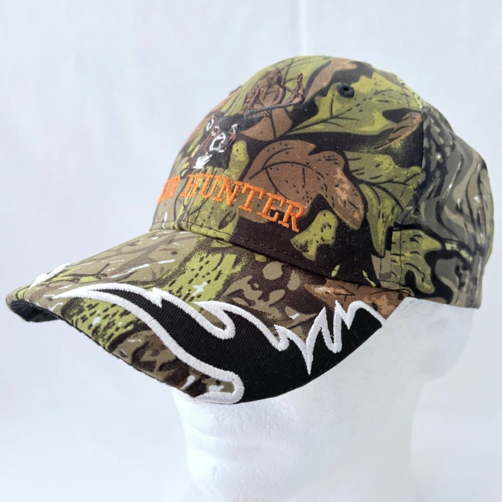 Camo Embroidered Deer Hunter Black Flames Hunting Strapback Baseball Cap Hat